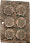 SPANISH MONARCHY: CHARLES III
Lote 6 Pruebas de reverso de 1/2 Escudo en placa de bronce. (1786-1788). MADRID. D.V. Br. Ø 58x41 mm. Las seis pruebas ...