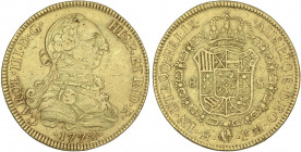 SPANISH MONARCHY: CHARLES III
8 Escudos. 1772. MÉXICO. F.M. 26,87 grs. (Rayitas, golpecito de punzón y pequeñas hojitas). AC-1998; XC-759. (MBC).