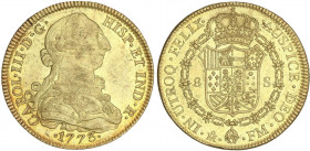 SPANISH MONARCHY: CHARLES III
8 Escudos. 1773. MÉXICO. F.M. 27,01 grs. (Rayitas). Pleno brillo original en reverso. AC-1999; XC-761. EBC+/SC-.