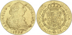 SPANISH MONARCHY: CHARLES III
8 Escudos. 1775/4. POPAYÁN. J.S. 26,89 grs. (Limpiada, cordoncillo del canto retocado, descolgada). AC-2041; XC-804. (M...