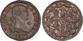SPANISH MONARCHY: CHARLES IV
4 Maravedís. 1803. SEGOVIA. 5,25 grs. Color y restos de brillo original. AC-57. SC.