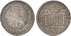 SPANISH MONARCHY: CHARLES IV
1/2 Real. 1805. POTOSÍ. P.J. 1,45 grs. Ligera pátina iridiscente. AC-315. MBC+.