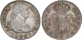 SPANISH MONARCHY: CHARLES IV
2 Reales. 1806. MADRID. F.A. 5,89 grs. Pátina irisada en reverso. AC-615. EBC-.
