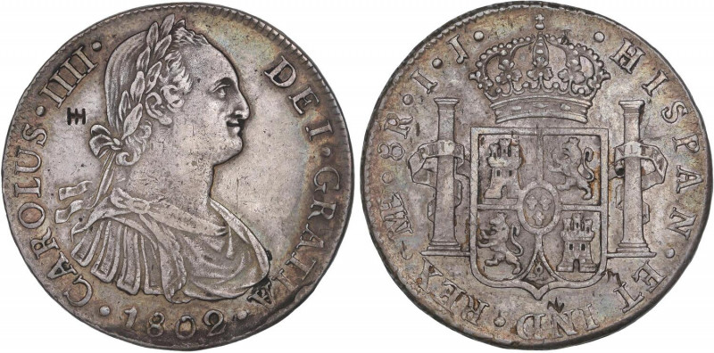 SPANISH MONARCHY: CHARLES IV
8 Reales. 1802. LIMA. I.J. 26,79 grs. Tres resello...