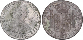 SPANISH MONARCHY: CHARLES IV
8 Reales. 1803. LIMA. I.J. 26,65 grs. (Cuño oxidado y con leves roturas). Restos de brillo original. Ex-Gabinet Numismàt...