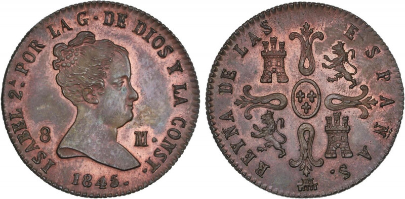SPANISH MONARCHY: ELISABETH II
8 Maravedís. 1845. SEGOVIA. 10,61 grs. Color y b...