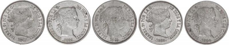 SPANISH MONARCHY: ELISABETH II
Serie 5 monedas 40 Céntimos de Escudo. 1864 a 18...