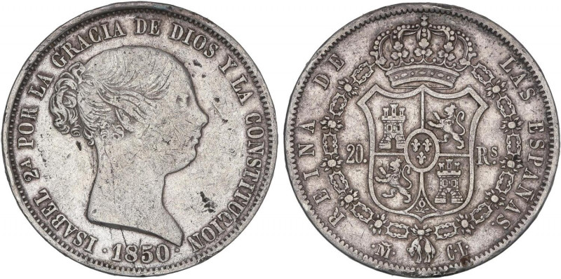 SPANISH MONARCHY: ELISABETH II
20 Reales. 1850. MADRID. C.L. 25,95 grs. AC-591....