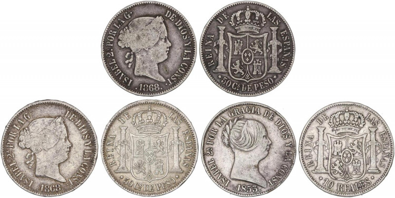 SPANISH MONARCHY: ELISABETH II
Lote 3 monedas 10 Reales y 50 Centavos de Peso (...