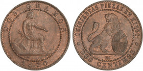 PESETA SYSTEM: PROVISIONAL GOVERNMENT AND I REPUBLIC
2 Céntimos. 1870. BARCELONA. O.M. Parte de color y brillo original. SC.