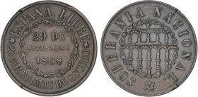 PESETA SYSTEM: PROVISIONAL GOVERNMENT AND I REPUBLIC
25 Milésimas de Escudo. 1868. SEGOVIA. SOBERANÍA NACIONAL. AE. ESCASA. AC-10. EBC-.