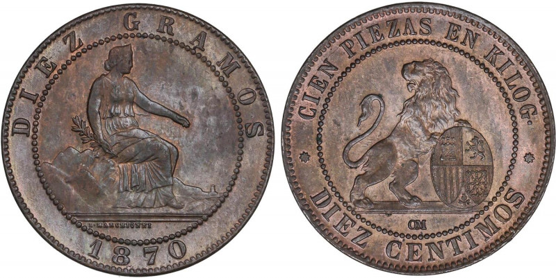 PESETA SYSTEM: PROVISIONAL GOVERNMENT AND I REPUBLIC
10 Céntimos. 1870. BARCELO...