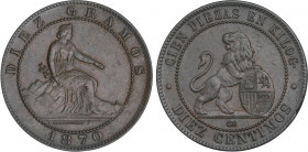 PESETA SYSTEM: PROVISIONAL GOVERNMENT AND I REPUBLIC
10 Céntimos. 1870. BARCELONA. O.M. EBC.