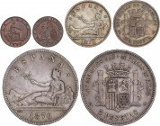 PESETA SYSTEM: PROVISIONAL GOVERNMENT AND I REPUBLIC
Lote 3 monedas 1 Céntimo, 1 y 5 Pesetas. 1870. Incluye 1 Céntimo 1870 Barcelona- O.M. en SC-, 1 ...