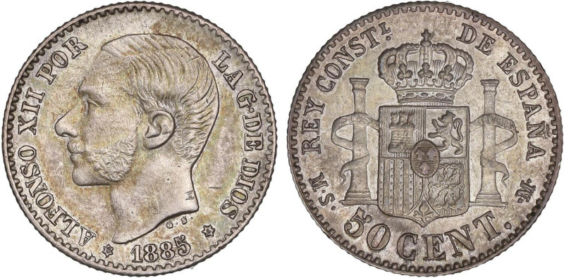 PESETA SYSTEM: ALFONSO XII
50 Céntimos. 1885 (*8-6). M.S.-M. Pátina. EBC/EBC+....