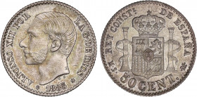 PESETA SYSTEM: ALFONSO XII
50 Céntimos. 1885 (*8-6). M.S.-M. Pátina. EBC/EBC+.