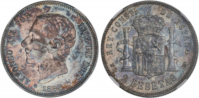 PESETA SYSTEM: ALFONSO XII
2 Pesetas. 1883 (*18-_). M.S-M. 2º estrella anepigra...