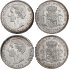 PESETA SYSTEM: ALFONSO XII
Lote 2 monedas 5 Pesetas. 1875 y 1876 (*_-_) y (*_8-76). D.E.-M. las dos variante fondo del pabellón de la oreja rayado. (...