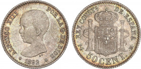 PESETA SYSTEM: ALFONSO XIII
50 Céntimos. 1892 (*9-2). P.G.-M. Bonita pátina irisada con brillo original. SC-.