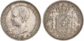 PESETA SYSTEM: ALFONSO XIII
50 Céntimos. 1892/(8)9. (9/8-2). P.G.-M. EBC-/EBC.