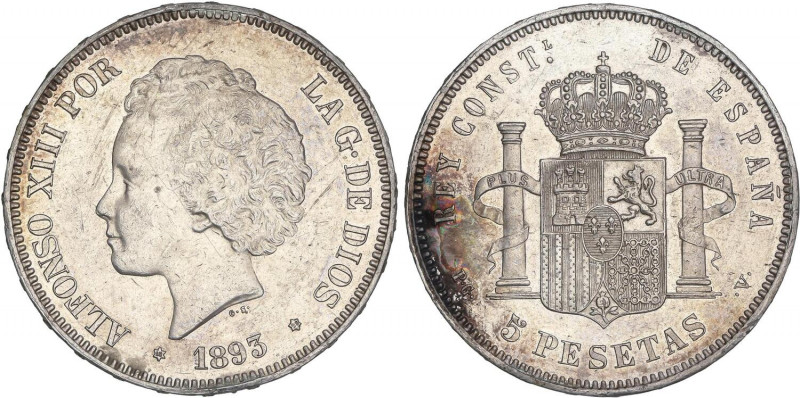 PESETA SYSTEM: ALFONSO XIII
5 Pesetas. 1893 (*18-93). P.G.-V. (Rayitas y golpec...