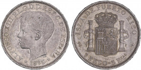 PESETA SYSTEM: ALFONSO XIII
1 Peso. 1895. PUERTO RICO. P.G.-V. (Rayitas y golpecitos). MBC+/EBC-.