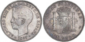 PESETA SYSTEM: ALFONSO XIII
1 Peso. 1897. MANILA. S.G.-V. (Limpiada, marquitas). MBC.