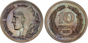 PESETA SYSTEM: II REPUBLIC
Prueba de 10 Céntimos. 1937. Anv.: Cabeza femenina a izquierda con gorro frigio, símbolo de la República. Rev.: 10/CENTIMO...
