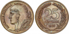 PESETA SYSTEM: II REPUBLIC
Prueba de 25 Céntimos. 1937. Anv.: Cabeza femenina a izquierda con gorro frigio, símbolo de la República. Rev.: 25/CENTIMO...
