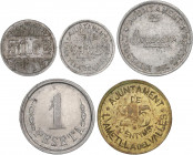 PESETA SYSTEM: LOCAL ISSUES OF THE CIVIL WAR
Serie 5 monedas 25, 50 Cèntims (2) y 1 Pesseta (2). Aj. de L´ AMETLLA DEL VALLÈS. Al (4) y latón. A EXAM...