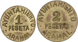 PESETA SYSTEM: LOCAL ISSUES OF THE CIVIL WAR
Lote 2 monedas 1 y 2 Pesetas. Ay. de ARAHAL. Latón. HG-231/232; Vti-L44/L45. EBC.