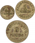 PESETA SYSTEM: LOCAL ISSUES OF THE CIVIL WAR
Serie 3 monedas 50 Céntimos, 1 y 2 Pesetas. Ay. de ARAHAL. Latón. Cal-2; HG-230/232; Vti-L44/L45. EBC- a...