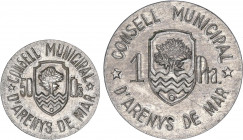 PESETA SYSTEM: LOCAL ISSUES OF THE CIVIL WAR
Serie 2 monedas 50 Cèntims y 1 Pesseta. C.M. d´ ARENYS DE MAR. Al. AC-6/7; Vti-L18/L19. EBC- a EBC.