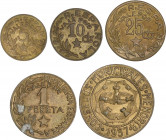 PESETA SYSTEM: LOCAL ISSUES OF THE CIVIL WAR
Serie 5 monedas 5 Céntimos a 2,50 Pesetas. 1937. C.M. de MENORCA. Latón. Cal-12; HG-203/207. EBC a EBC+....