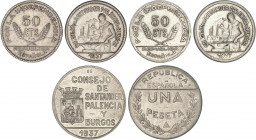 PESETA SYSTEM: LOCAL ISSUES OF THE CIVIL WAR
Serie 3 monedas 50 Céntimos (2) y 1 Peseta. 1937. CONSEJO DE SANTANDER, PALENCIA y BURGOS. CuNi. Las de ...
