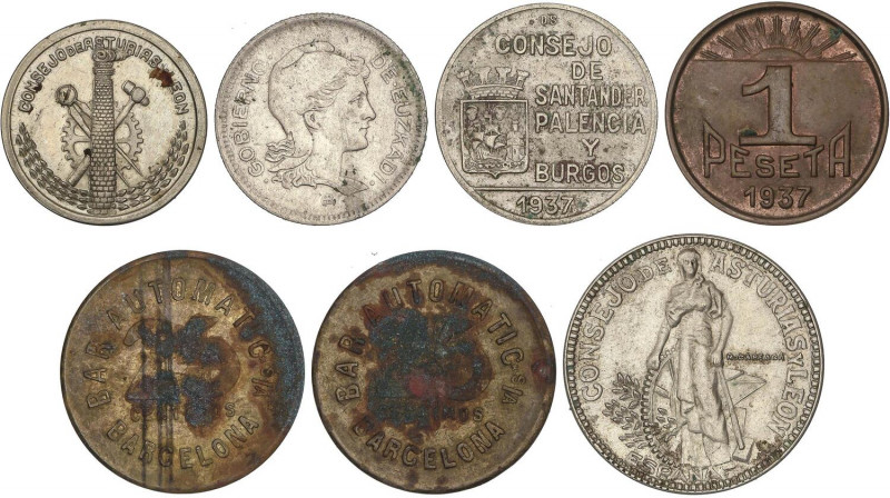 PESETA SYSTEM: LOCAL ISSUES OF THE CIVIL WAR
Lote 7 monedas. 1937. CONSEJO ASTU...