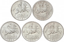 PESETA SYSTEM: ESTADO ESPAÑOL
Serie 5 monedas 10 Céntimos. 1940, 1941 (2), 1945 y 1953. Las de 1941 PLUS y PLVS. La mayoría SC. A EXAMINAR. EBC a SC....