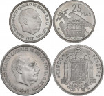 PESETA SYSTEM: ESTADO ESPAÑOL
Lote 2 monedas 5 y 25 Pesetas. 1949 (*19-50) y 1957 (*75). 5 Pesetas 1949 y 25 Pesetas 1957. SC- y PRUEBA.