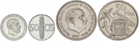PESETA SYSTEM: ESTADO ESPAÑOL
Lote 2 monedas 50 Céntimos y 50 Pesetas. 1966 y 1957 (*70). Las dos procedente de tira F.N.M.T. (La de 50 Céntimos 2ª e...