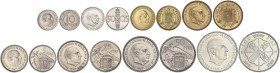 PESETA SYSTEM: ESTADO ESPAÑOL
Serie 8 monedas 10 Céntimos a 100 Pesetas. (*71). En tira original F.N.M.T. La de 100 Pesetas (*19-70). PRUEBAS.