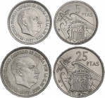 PESETA SYSTEM: ESTADO ESPAÑOL
Lote 2 monedas 5 y 25 Pesetas. 1957 (*BA). I Exposición Iberoamericana de Numismática y Medallística. (Leves rayitas y ...