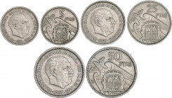 PESETA SYSTEM: ESTADO ESPAÑOL
Serie 3 monedas 5, 25 y 50 Pesetas. 1957 (*BA). I Exposición Iberoamericana de Numismática y Medallística. (Pequeños go...