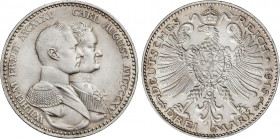 WORLD COINS: GERMAN STATES
3 Marcos. 1915. SAXE-WEIMAR-EISENACH. 16,64 grs. AR. Centenario del Gran Duque. (Pequeños golpecitos). KM-222. EBC+.