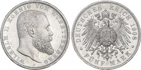 WORLD COINS: GERMAN STATES
5 Marcos. 1908-F. GUILLERMO II. WURTTEMBERG. 27,7 grs. AR. (Leves rayitas y golpecitos). Restos de Brillo original. KM-632...