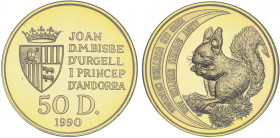 WORLD COINS: ANDORRA
50 Diners. 1990. 15,55 grs. AU. Protección Naturaleza: Ardilla. En estuche original con certificado. Tirada: 3.000 piezas. Fr-8;...