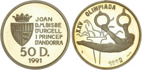 WORLD COINS: ANDORRA
50 Diners. 1991. 13,13 grs. AU/595. Olimpiada Barcelona´92: Gimnasta en anillas. En estuche original con certificado. Tirada: 3....