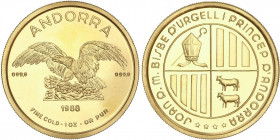 WORLD COINS: ANDORRA
Onza Troy (100 Diners). 1988. 31,09 grs. AU. Protección Naturaleza: Águila. Tirada: 3.000 piezas. Fr-7; KM-79. FDC.