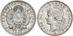 WORLD COINS: ARGENTINA
1 Peso. 1882. 24,93 grs. AR. (Leves golpecitos en canto). KM-29. EBC-.