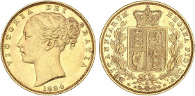 WORLD COINS: AUSTRALIA
Soberano. 1884-M. VICTORIA. MELBOURNE. Rev.: Escudo. 7,96 grs. AU. Fr-16; KM-6. EBC-.