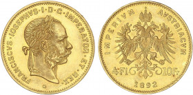 WORLD COINS: AUSTRIA
4 Florines-10 Francos. 1892. FRANCISCO JOSÉ I. 3,21 grs. AU. Reacuñación (Restrike). Fr-503R; KM-2260. SC-.